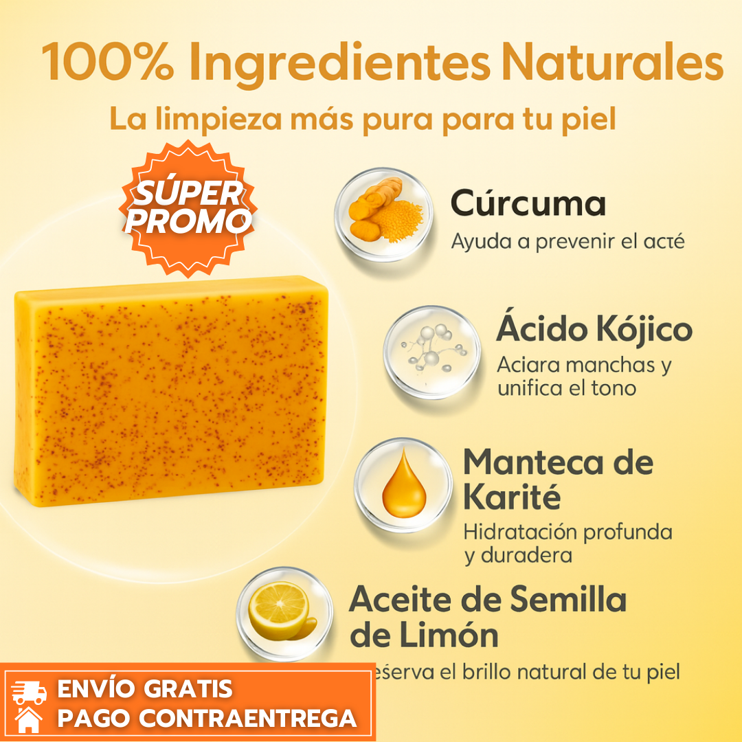 Oferta Especial: 2X1 JABÓN DE CURCUMA Y KÓJICO™: Limpieza profunda que hidrata, exfolia y deja la piel suave y radiante.